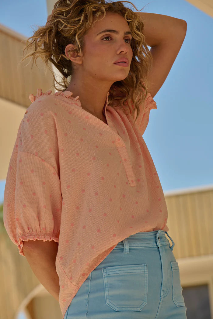 Sara Shirt - Peach w/ Pink Dots