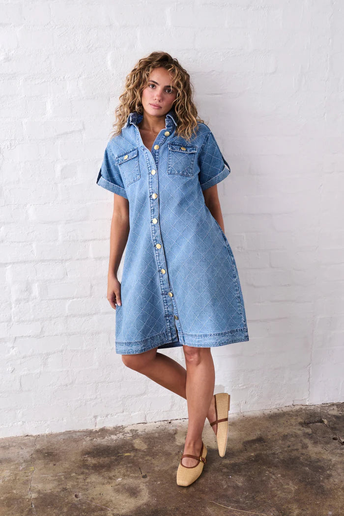 Simone Dress 70s Blue - Check Stitch