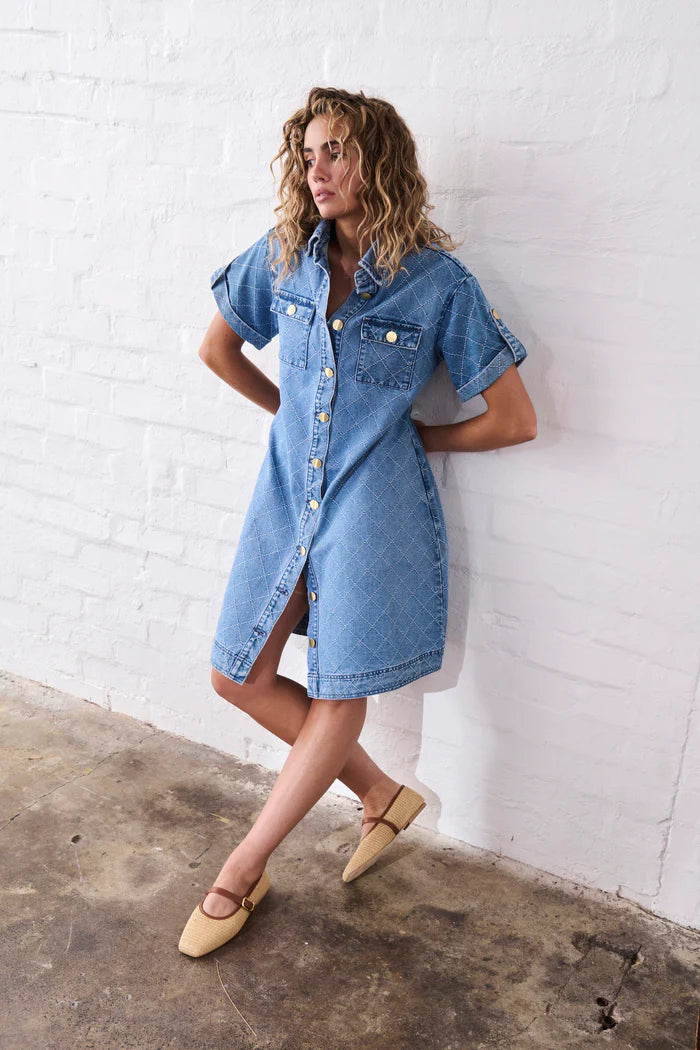 Simone Dress 70s Blue - Check Stitch