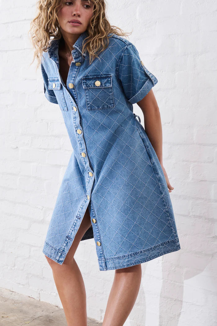 Simone Dress 70s Blue - Check Stitch