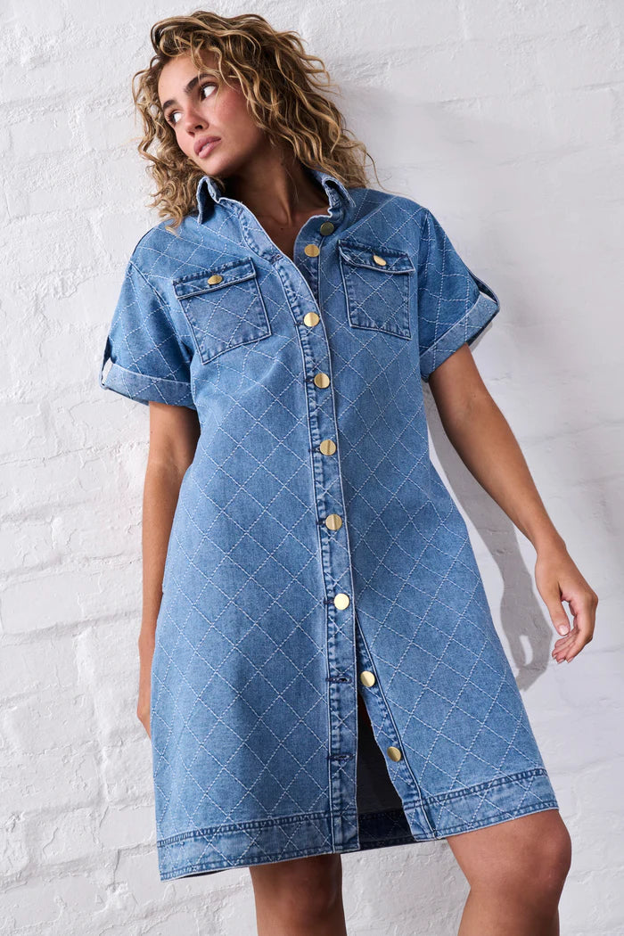 Simone Dress 70s Blue - Check Stitch