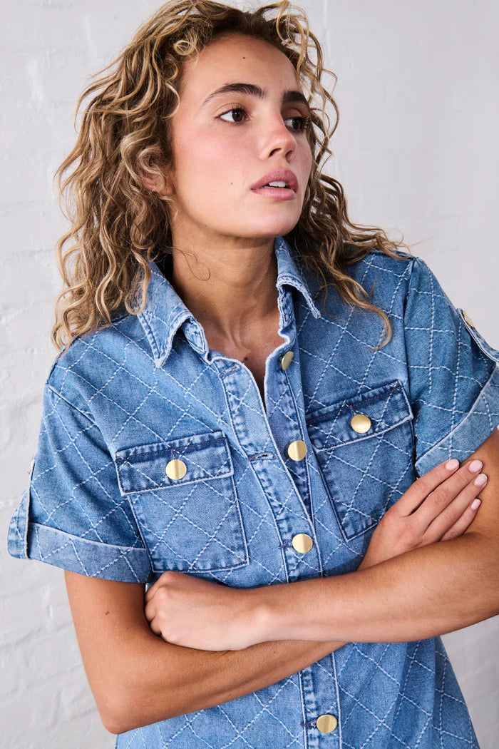 Simone Dress 70s Blue - Check Stitch