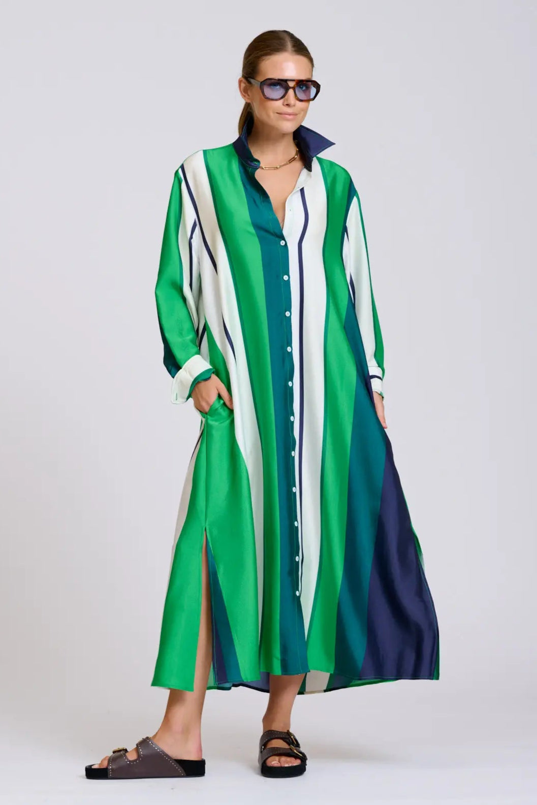 Luna Oversized Shirt Dress Blue Green Bold Stripes