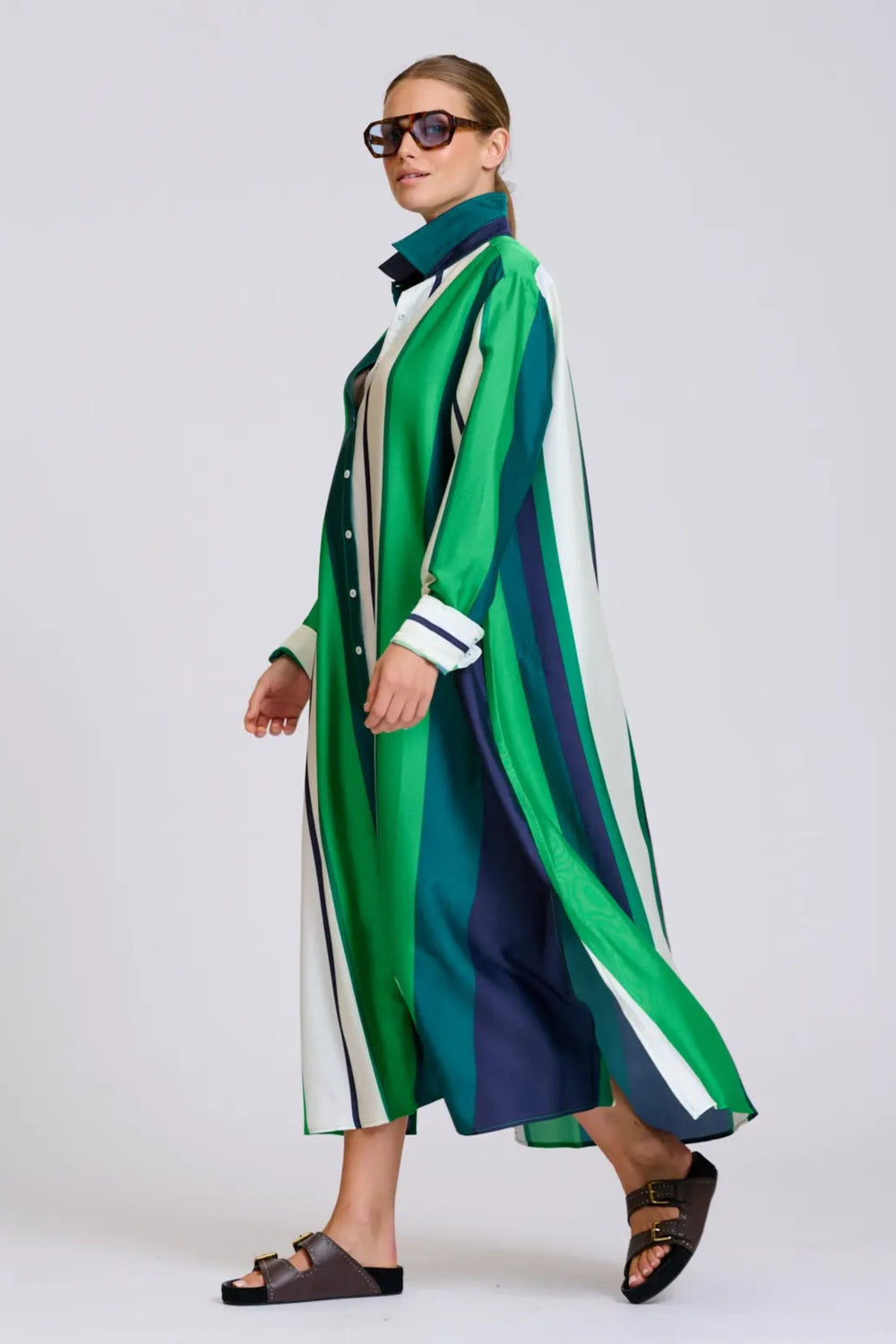 Luna Oversized Shirt Dress Blue Green Bold Stripes