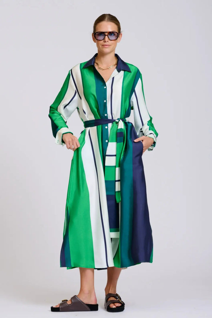 Luna Oversized Shirt Dress Blue Green Bold Stripes