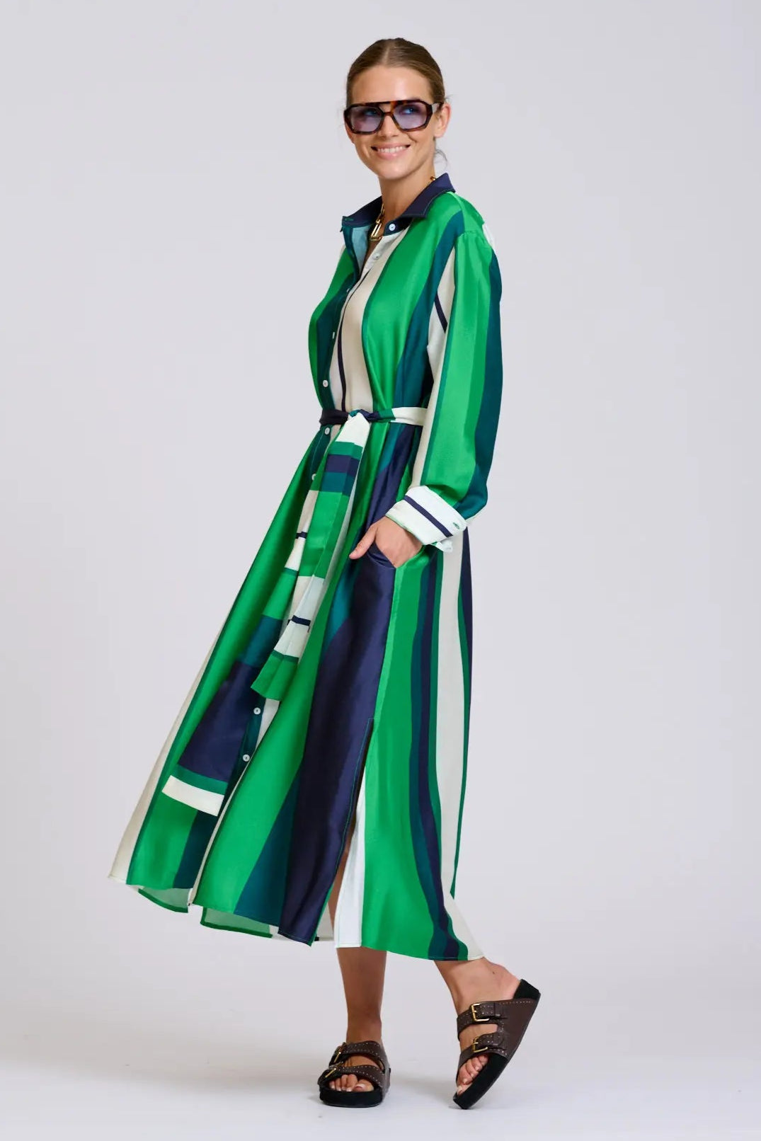 Luna Oversized Shirt Dress Blue Green Bold Stripes