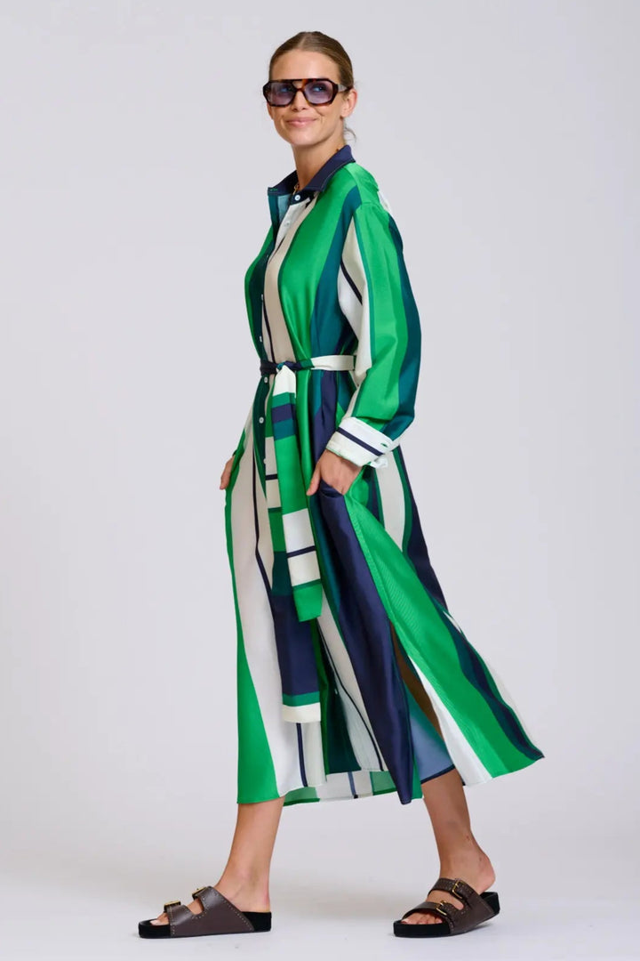 Luna Oversized Shirt Dress Blue Green Bold Stripes