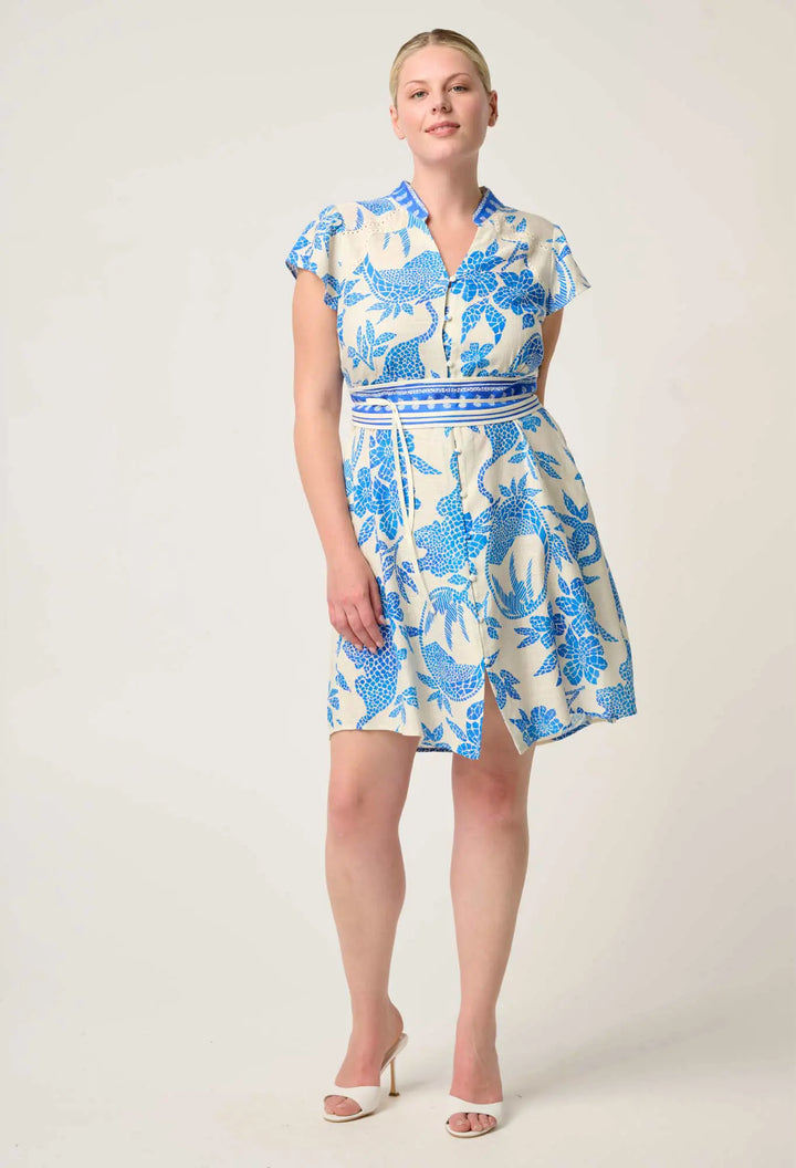Adriana Contrast Embroidered Dress - Azure Mosaic