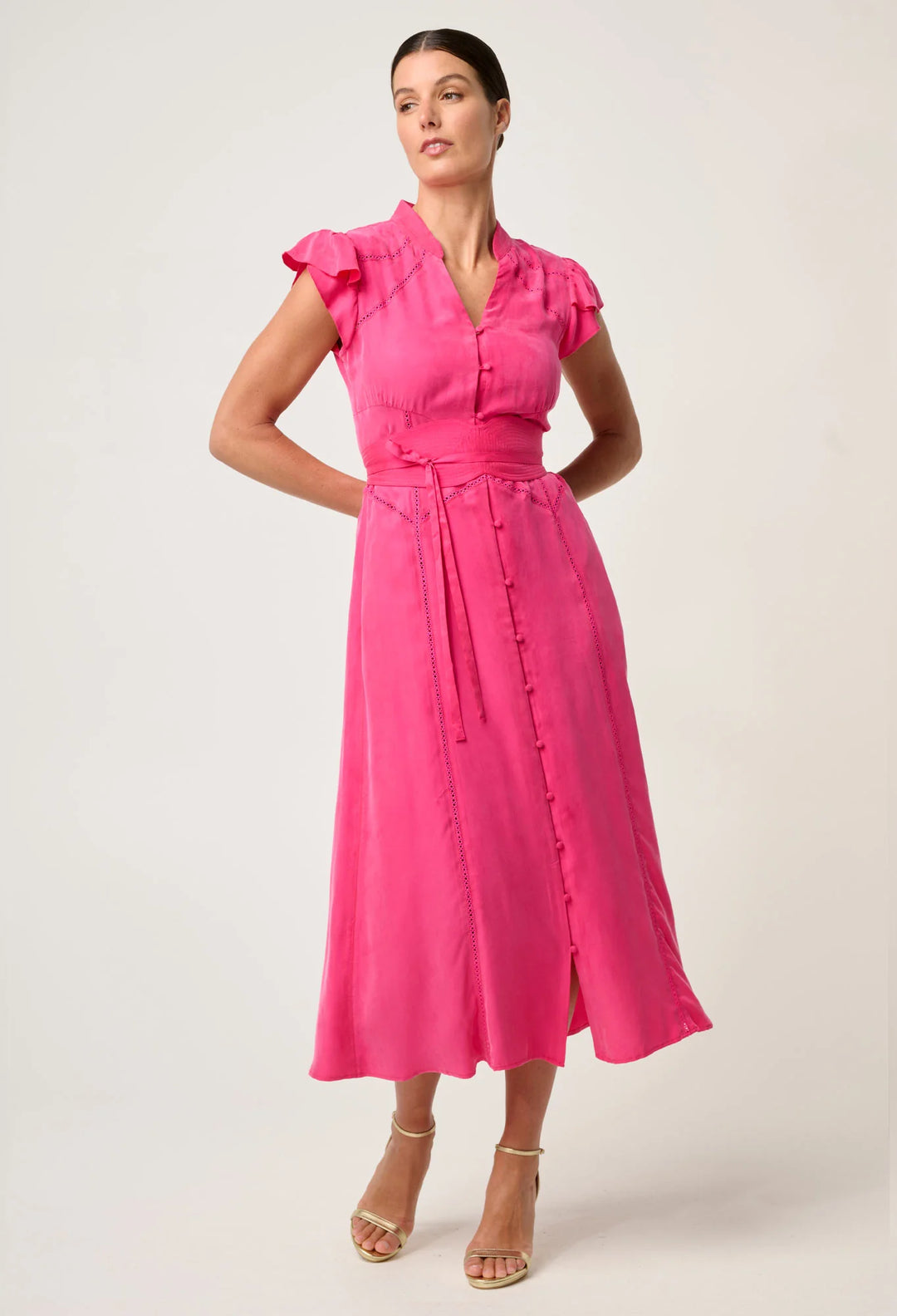 Athena Trim Detail Flutter Sleeve Dress - Celosia Pink