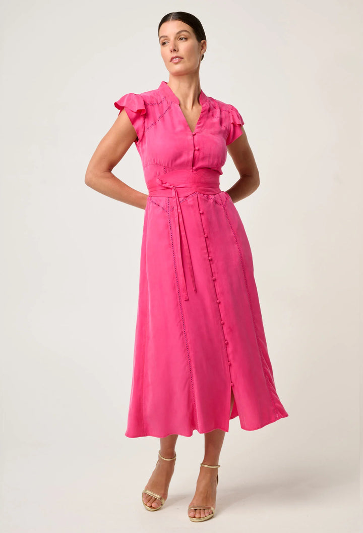 Athena Trim Detail Flutter Sleeve Dress - Celosia Pink