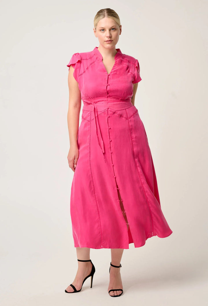 Athena Trim Detail Flutter Sleeve Dress - Celosia Pink