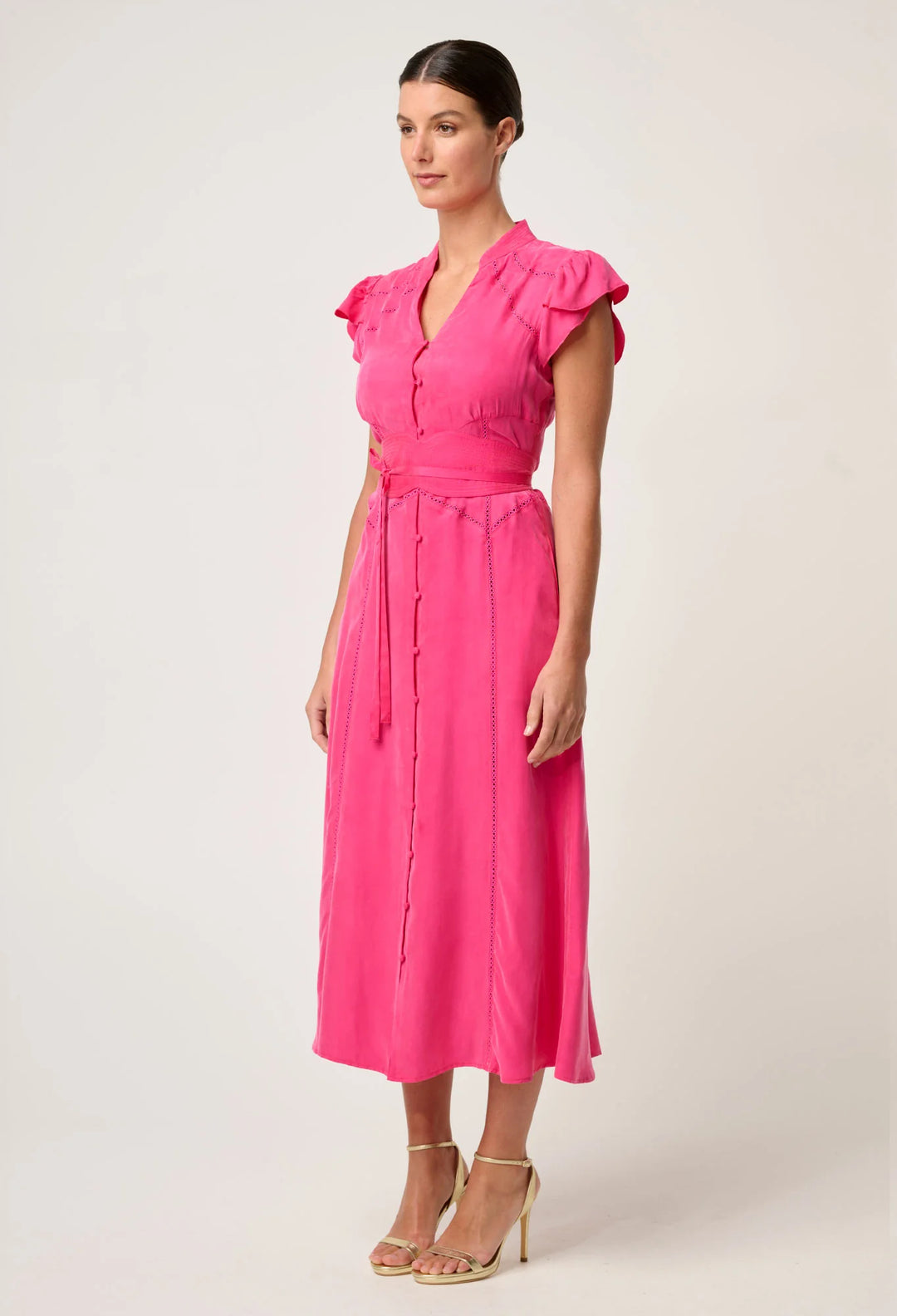 Athena Trim Detail Flutter Sleeve Dress - Celosia Pink