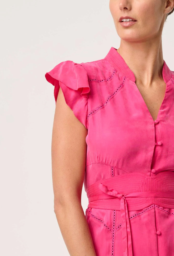 Athena Trim Detail Flutter Sleeve Dress - Celosia Pink