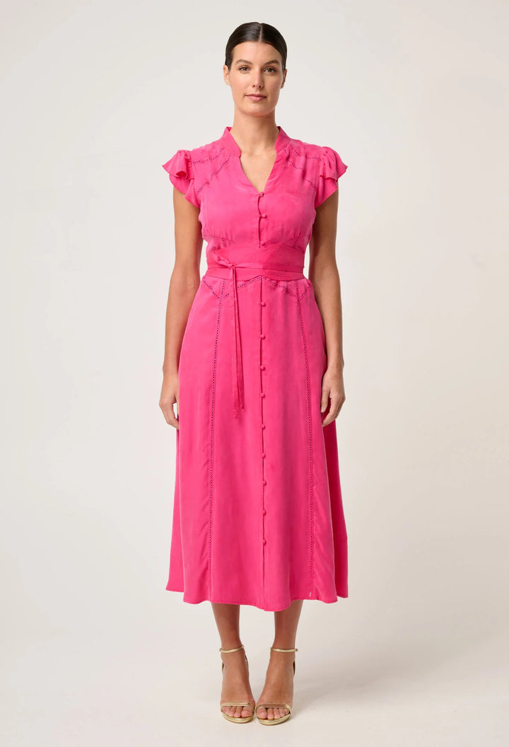 Athena Trim Detail Flutter Sleeve Dress - Celosia Pink