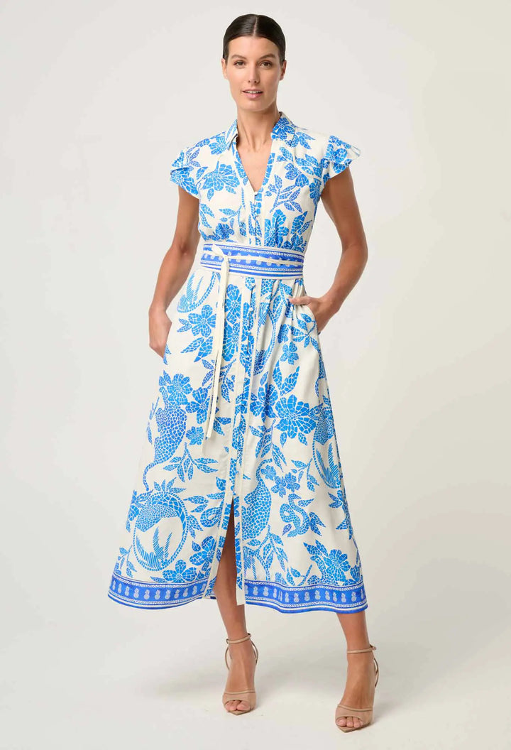 Callista Placement Print Dress - Azure Mosaic