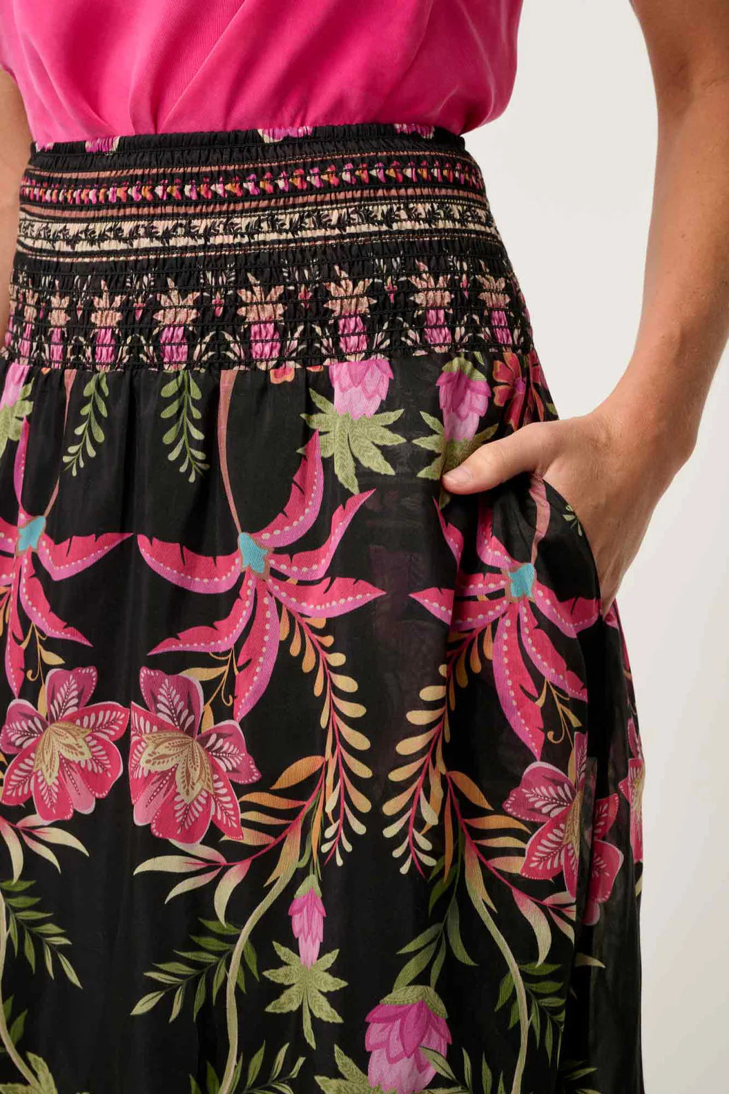 Once Was Cordelia Shirred Silk Cotton Skirt - Anthos Lotos