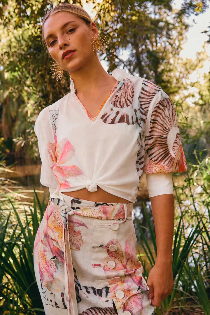 Oleander Cotton Silk Shirred Blouse - Nautilus Bloom