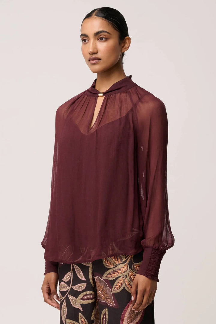 Woman wearing a burgundy sheer blouse with patterned pants on a light background