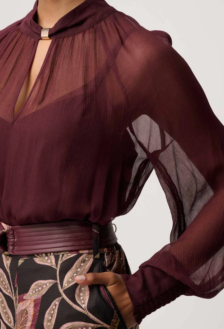 Close-up of a burgundy blouse with sheer sleeves and a patterned skirt on a white background