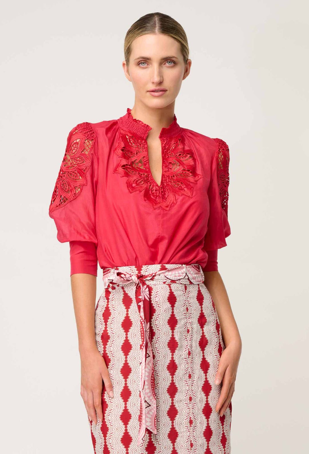 Oleander Lace Detail Blouse - Ruby