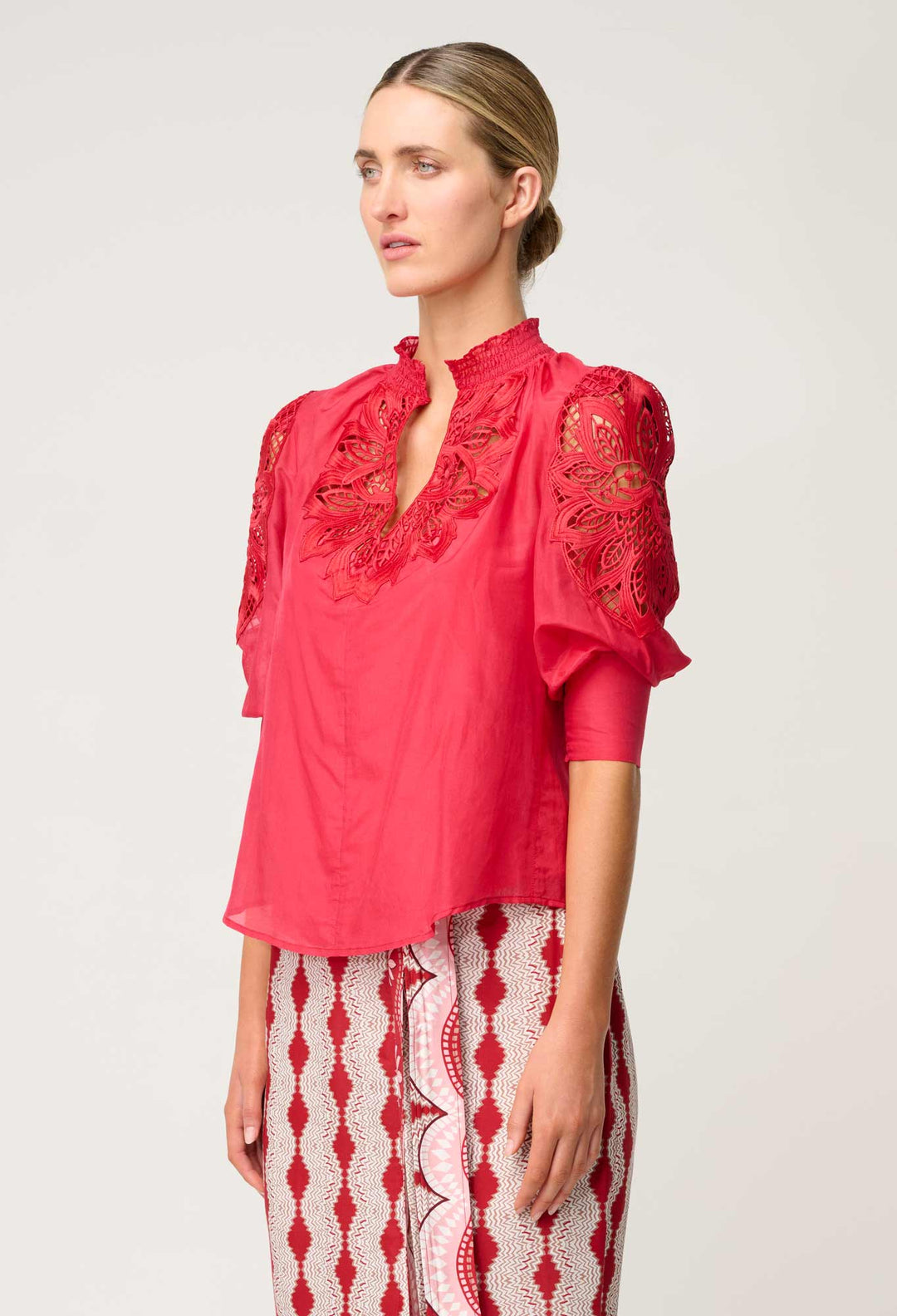 Oleander Lace Detail Blouse - Ruby