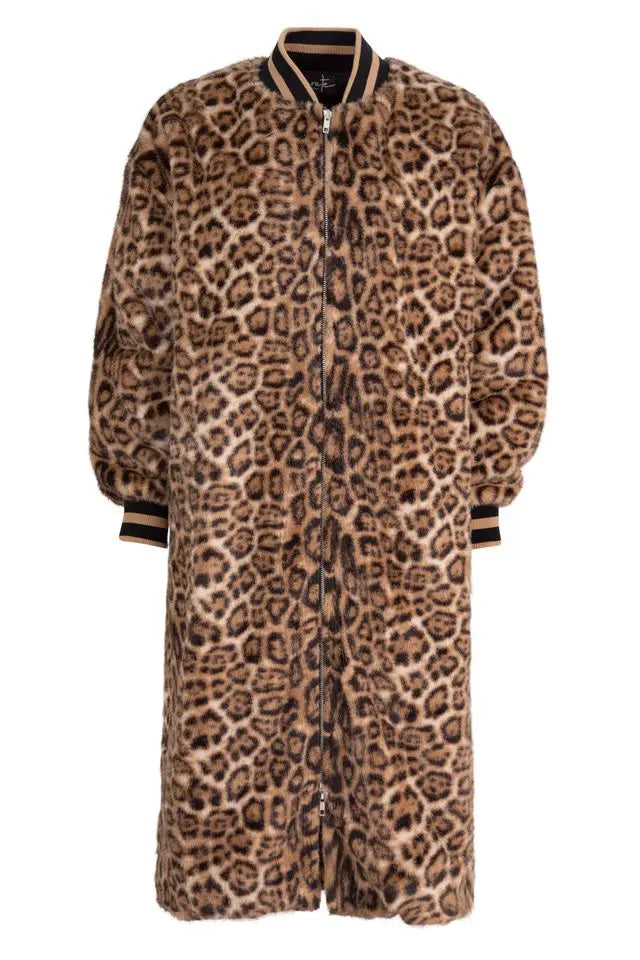 Leopard print coat with black trim on a white background