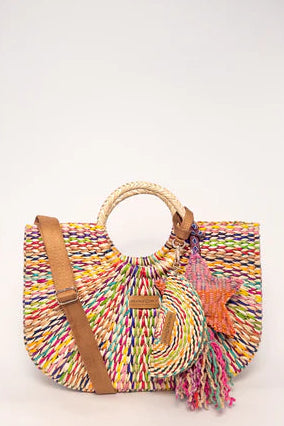 Colorful woven handbag with a wooden handle on a white background. Orange Inca Gran Fiesta Tote Bag
