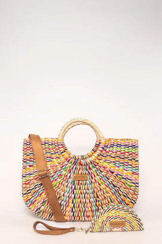 Colorful woven handbag with a brown strap on a white background. Orange Inca Gran Fiesta Tote Bag