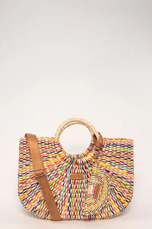 Multicolored woven handbag with a brown strap on a white background. Orange Inca Gran Fiesta Tote Bag