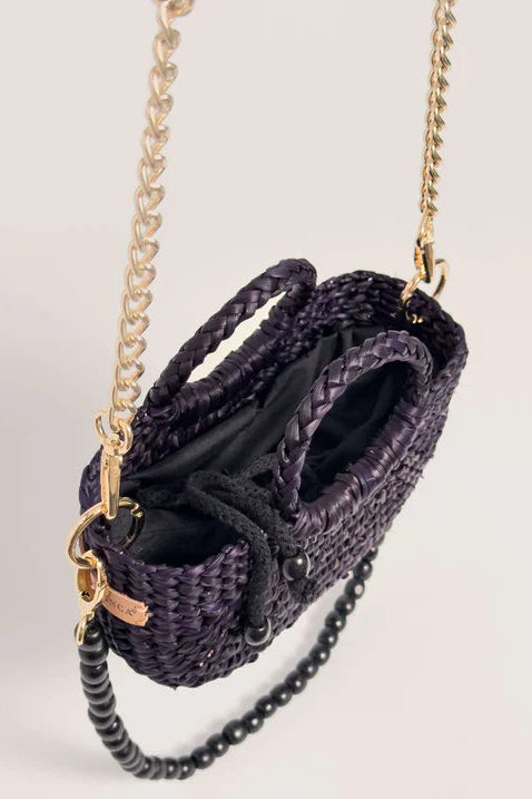 Purple woven handbag with gold chain strap on a light gray background - Orange Inca The New Mini Fiesta Bag Black