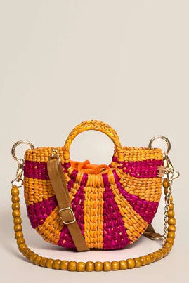 Woven handbag with pink and yellow design on a beige background. Orange Inca The New Mini Fiesta Fuschia Yellow Stripe