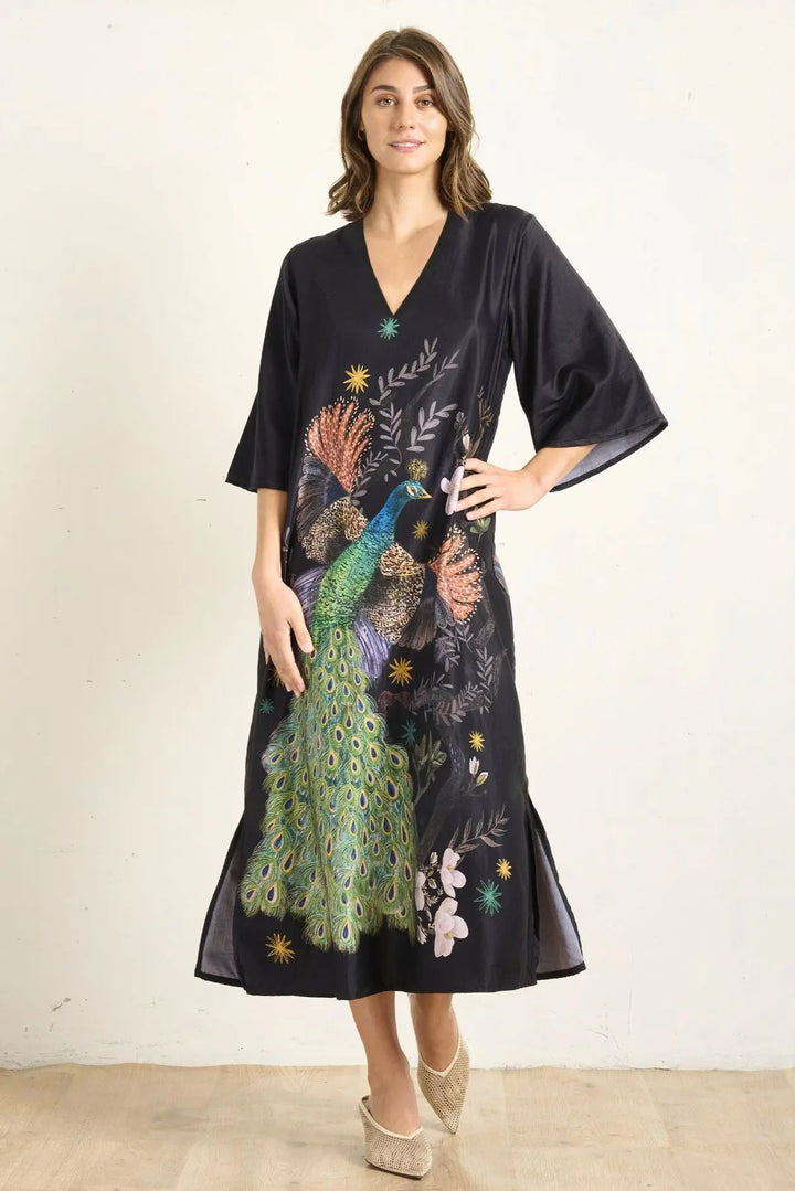 Silky Peacock Kaftan - Onyx