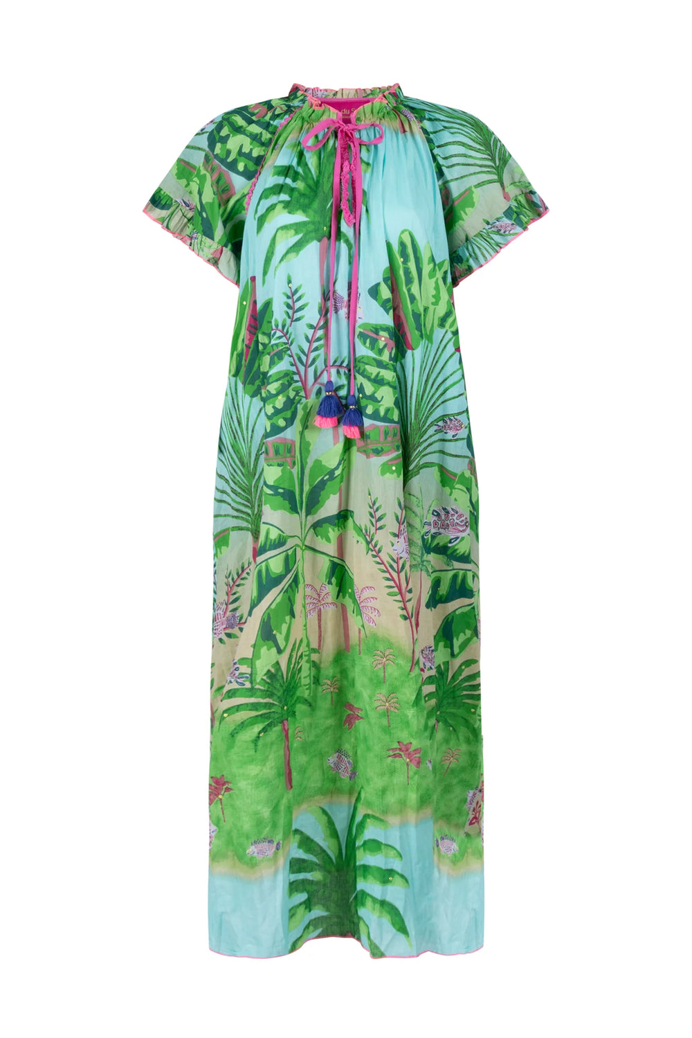 Tropical patterned dress with pink accents on a white background