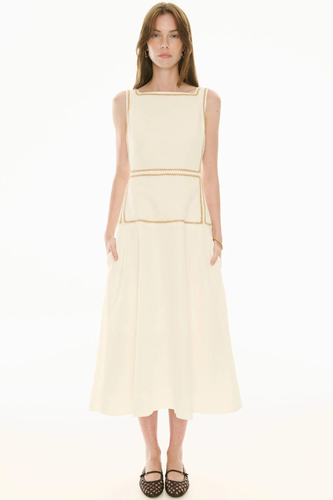 Pol Clothing Marlin Raffia Trim Dress Ivory