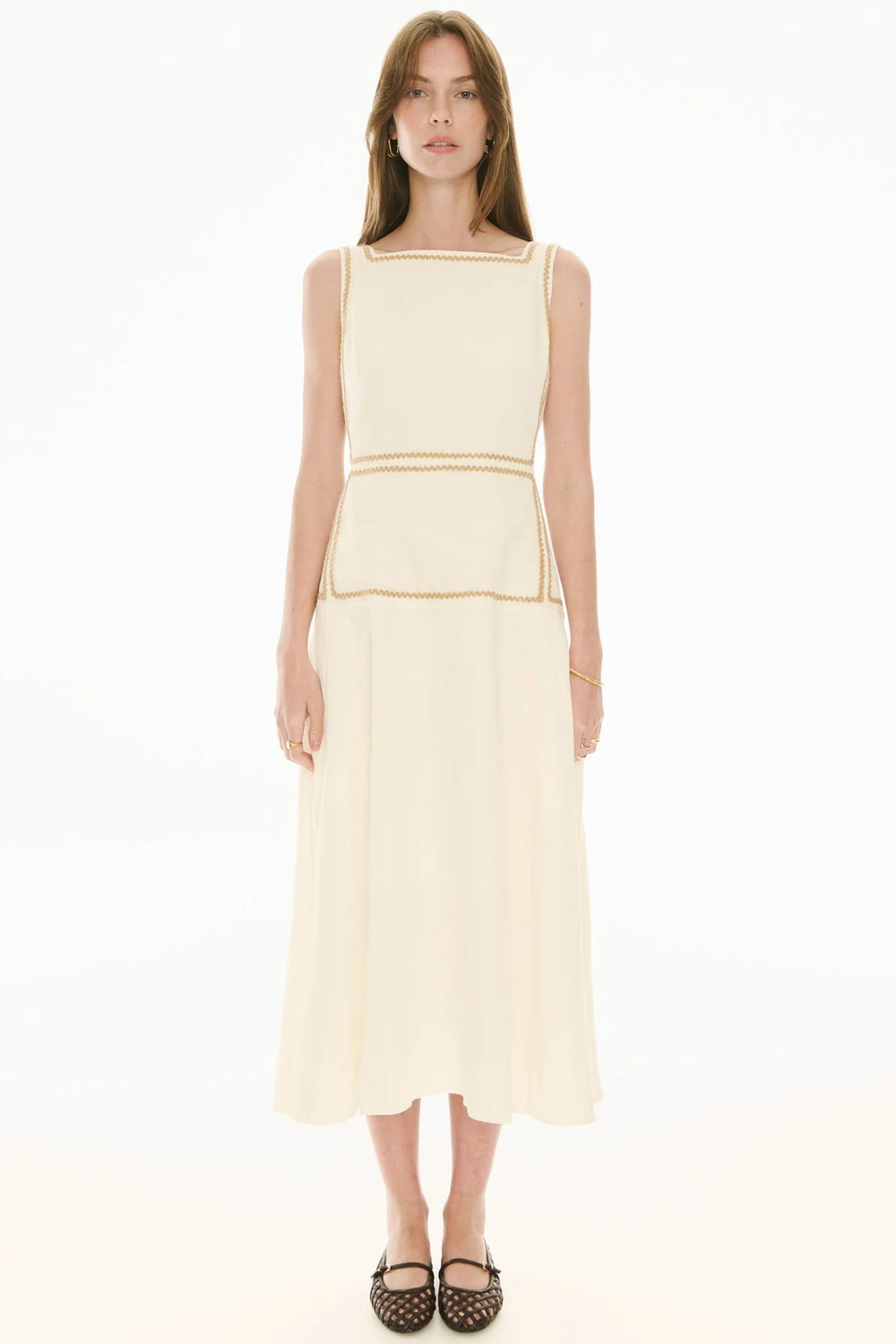 Pol Clothing Marlin Raffia Trim Dress Ivory