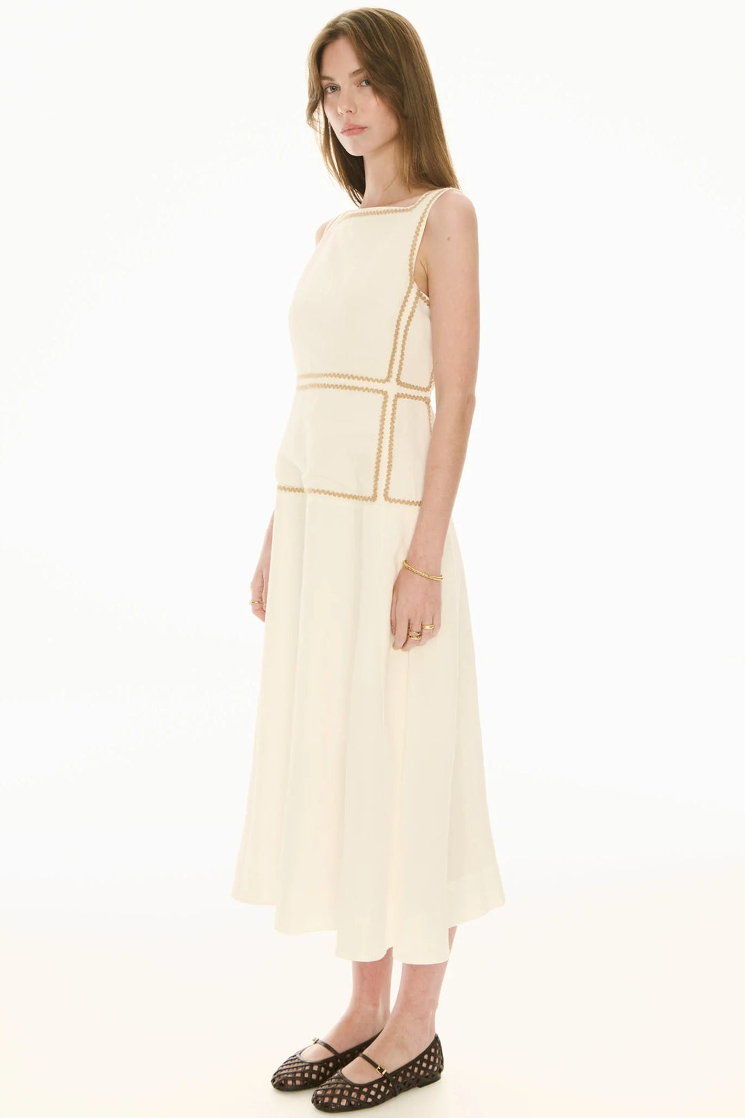 Pol Clothing Marlin Raffia Trim Dress Ivory