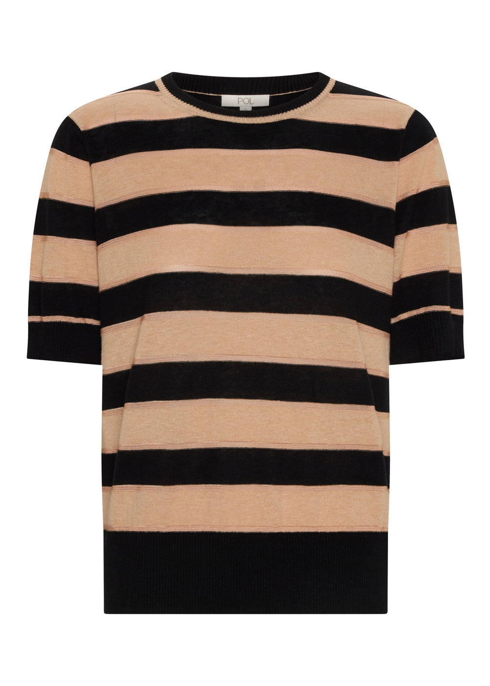 A short-sleeve knit sweater with horizontal stripes in beige and black, featuring a crew neck and ribbed cuffs and hem, shown against a plain white background.