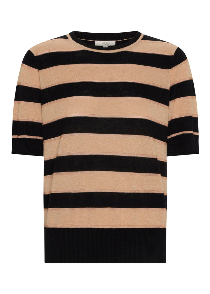 A short-sleeve knit sweater with horizontal stripes in beige and black, featuring a crew neck and ribbed cuffs and hem, shown against a plain white background.