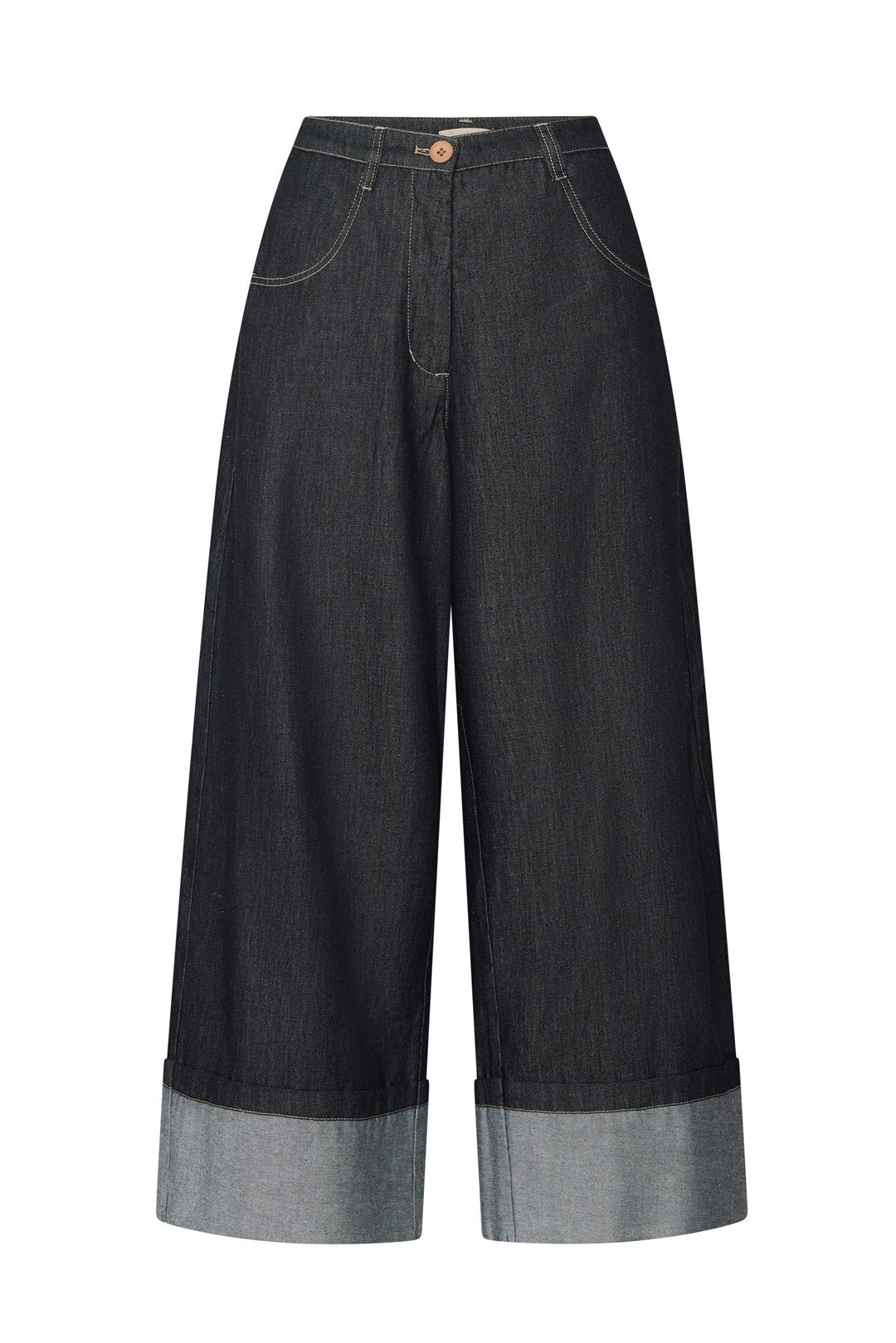 Black wide-leg jeans with a contrasting hem on a white background