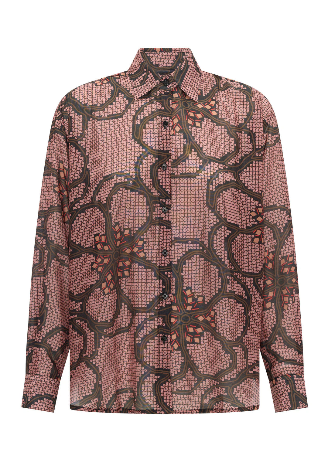 Sheer blouse with a floral pattern on a white background