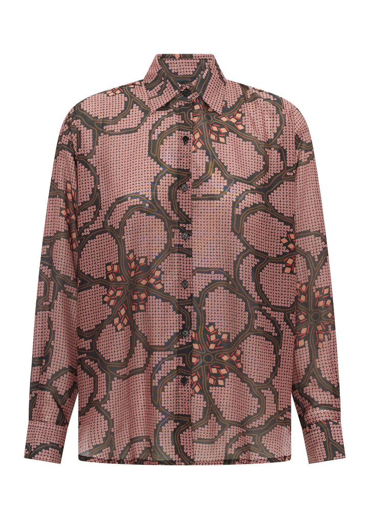 Sheer blouse with a floral pattern on a white background
