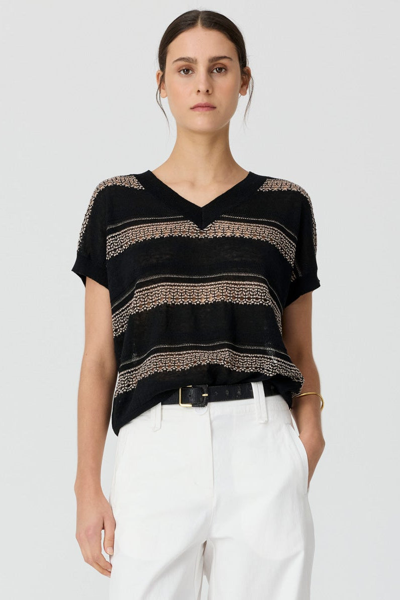 Liana V-Neck Pointelle Knit - Black Pink