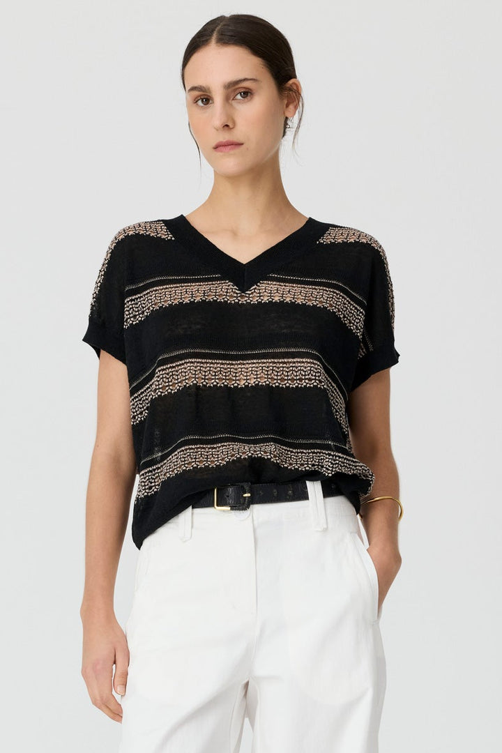 Liana V-Neck Pointelle Knit - Black Pink