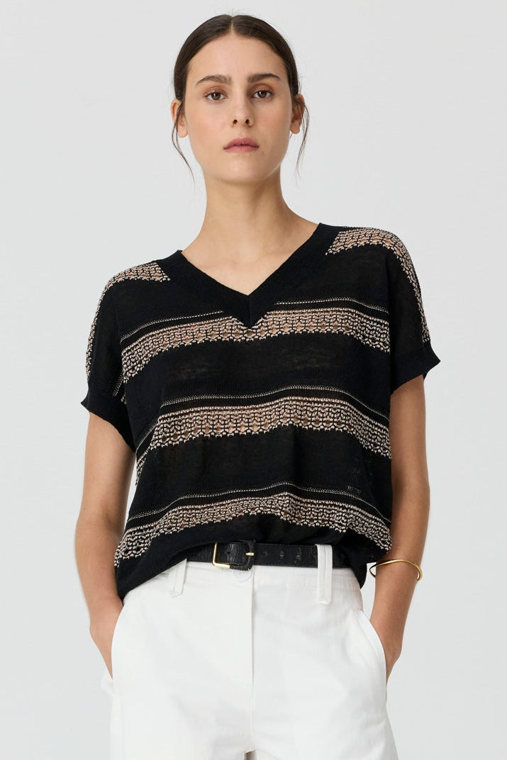 Liana V-Neck Pointelle Knit - Black Pink