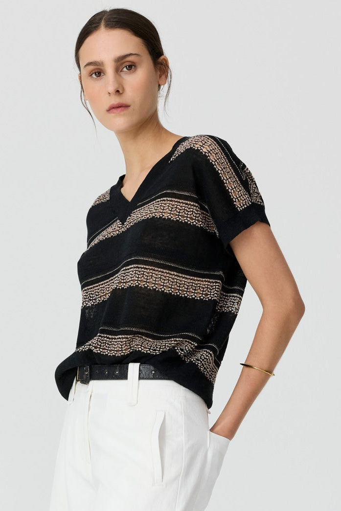 Liana V-Neck Pointelle Knit - Black Pink