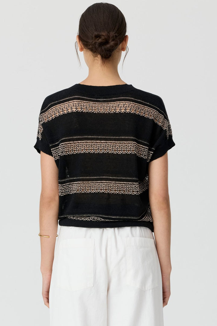 Liana V-Neck Pointelle Knit - Black Pink
