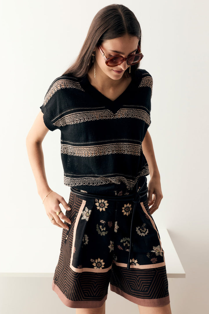 Liana V-Neck Pointelle Knit - Black Pink