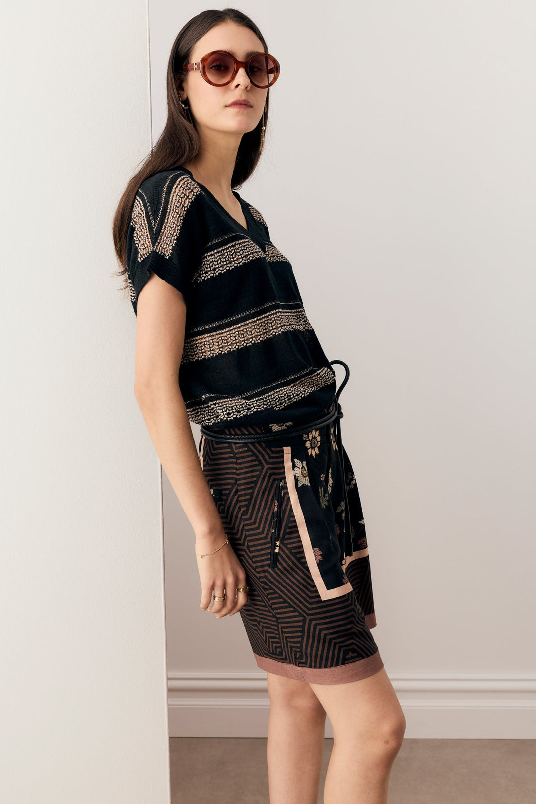 Liana V-Neck Pointelle Knit - Black Pink