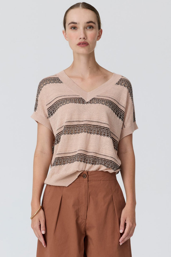 Liana V-Neck Pointelle Knit - Pink Black