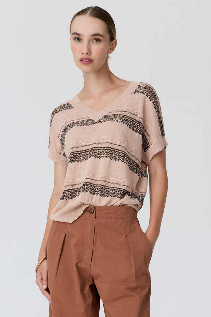 Liana V-Neck Pointelle Knit - Pink Black